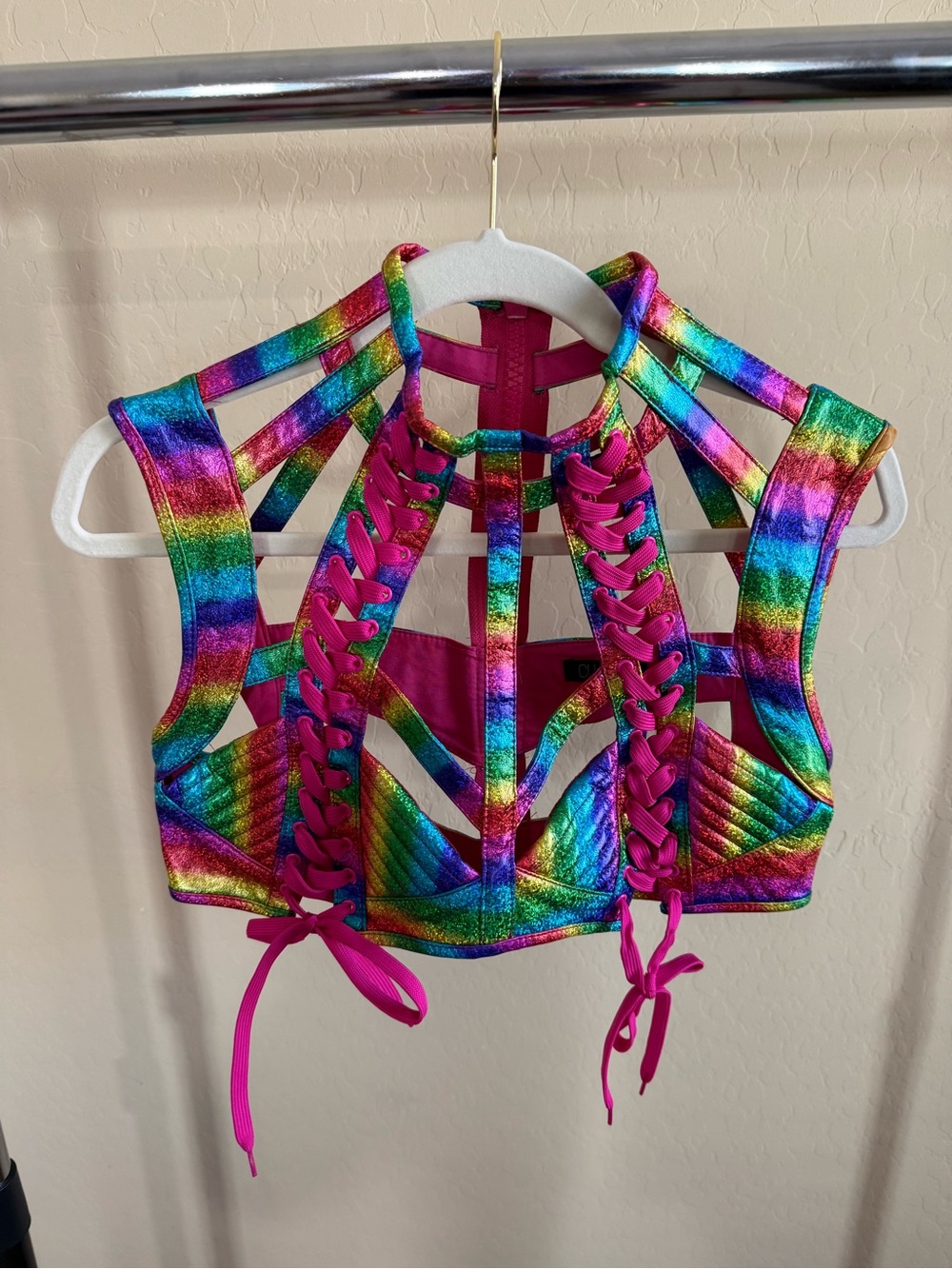Dolls Kill Rainbow Metallic Lace-Up Cage Crop Top with Hot Pink Accents